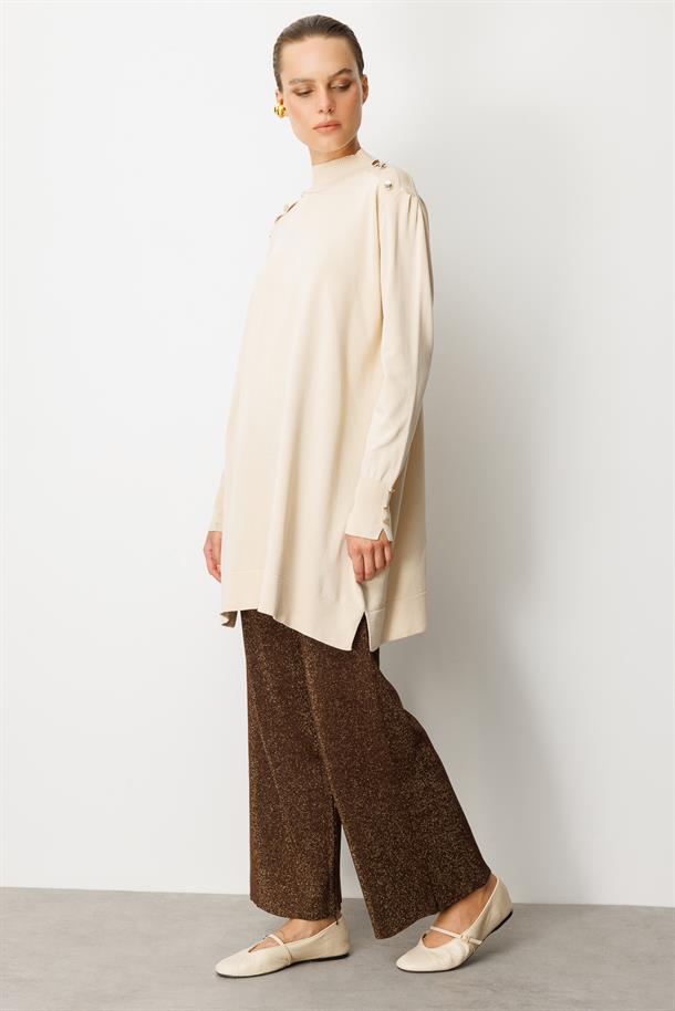 Omzu Düğme Detaylı Triko Tunik-TAŞ