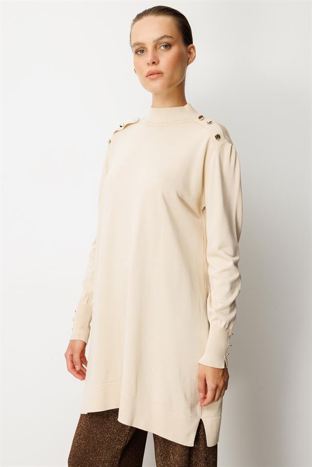 Omzu Düğme Detaylı Triko Tunik-TAŞ