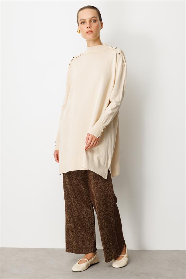 Omzu Düğme Detaylı Triko Tunik-TAŞ