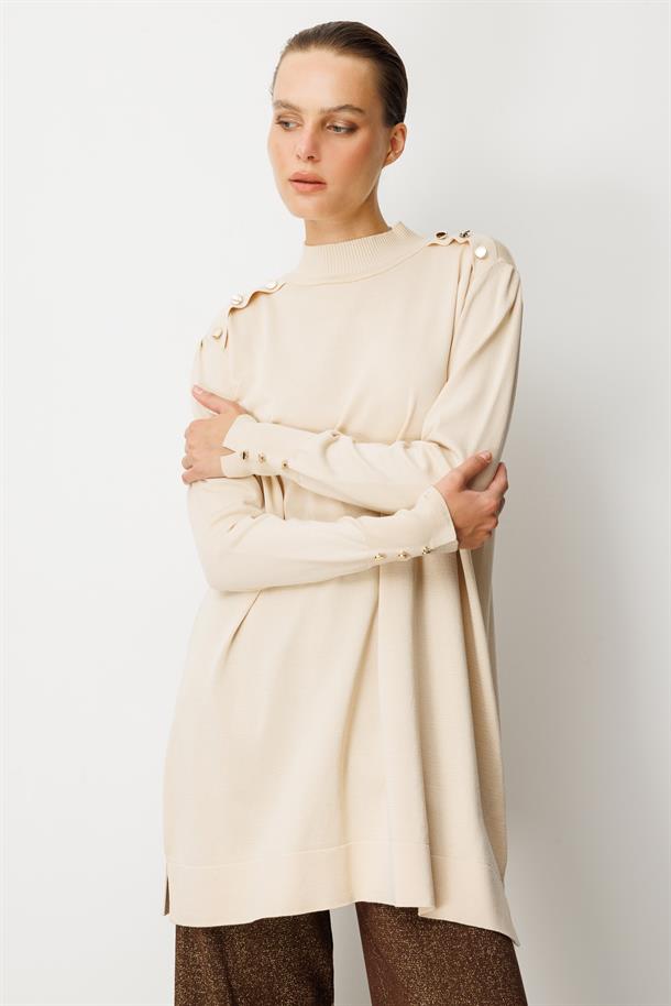 Omzu Düğme Detaylı Triko Tunik-TAŞ