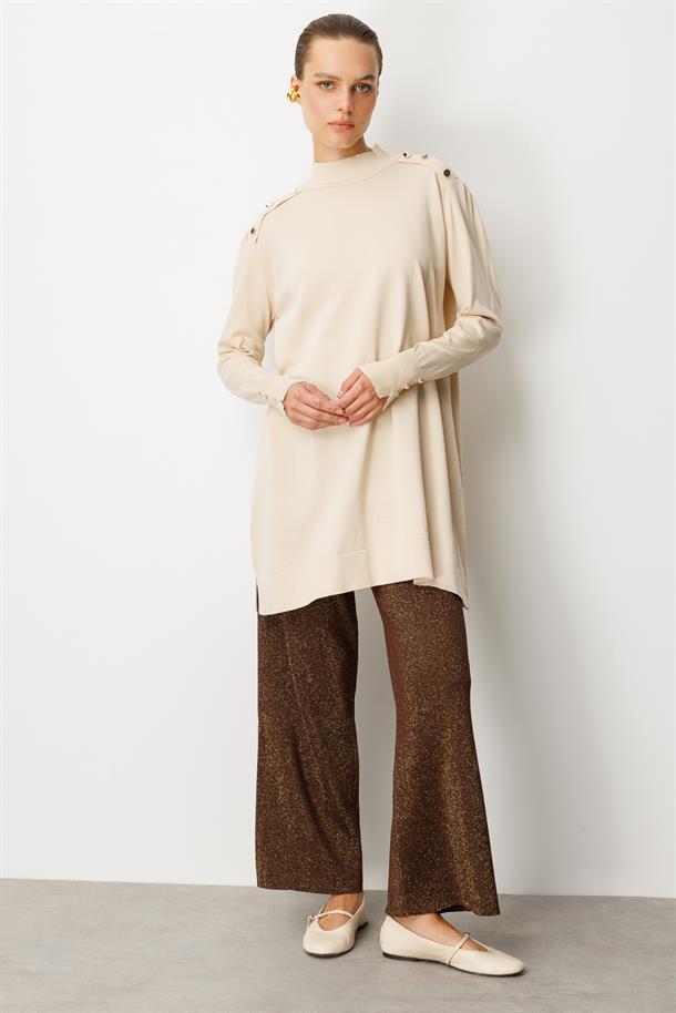 Omzu Düğme Detaylı Triko Tunik-TAŞ