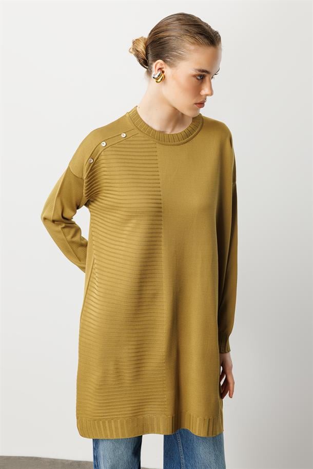 Omzu Düğme Detaylı Triko Tunik-Y.YEŞİLİ