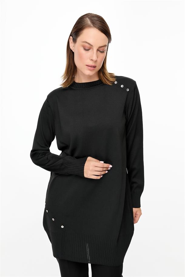 Omzu ve Eteği Düğmeli Triko Tunik-SİYAH