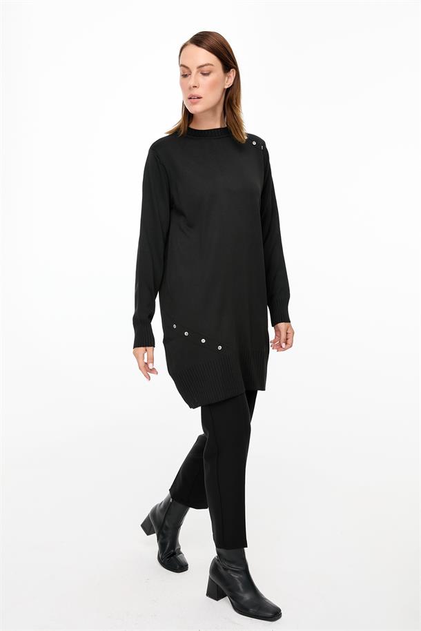 Omzu ve Eteği Düğmeli Triko Tunik-SİYAH