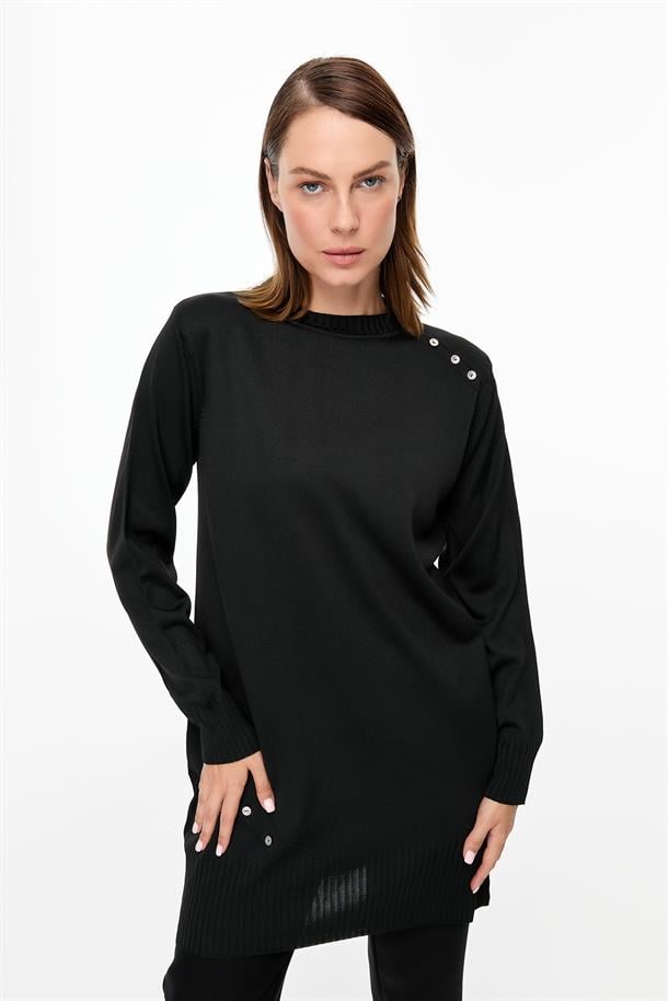 Omzu ve Eteği Düğmeli Triko Tunik-SİYAH