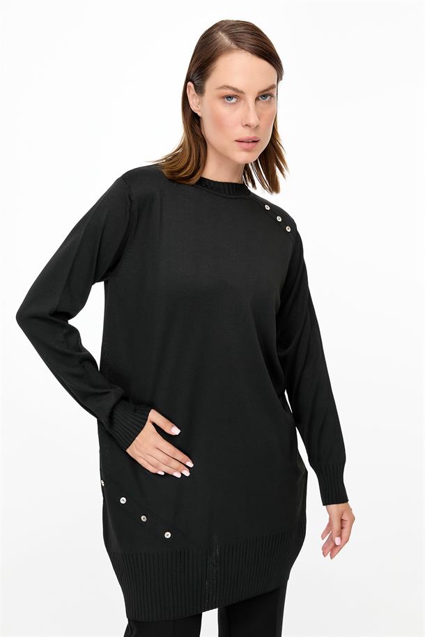 Omzu ve Eteği Düğmeli Triko Tunik-SİYAH
