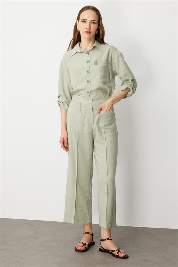 Önden Cep Detaylı Keten Görünüm Pantolon-SU YEŞİLİ