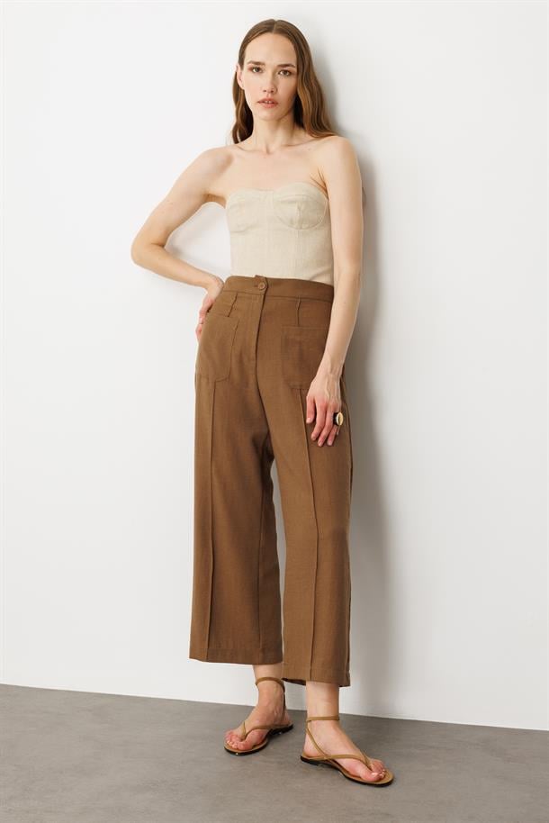 Önden Cep Detaylı Keten Görünüm Pantolon-KAHVE