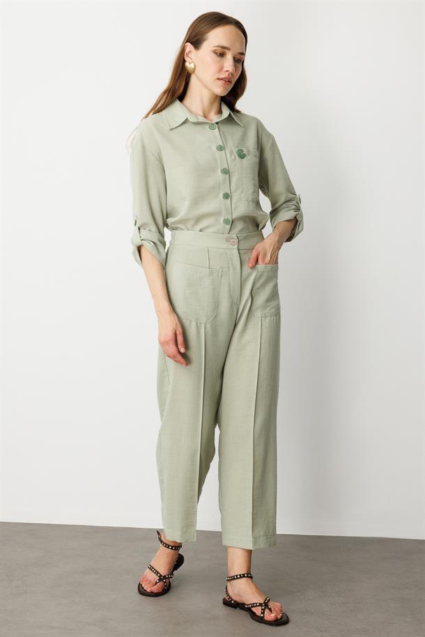 Önden Cep Detaylı Keten Görünüm Pantolon-SU YEŞİLİ