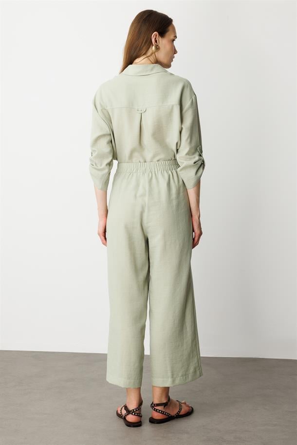 Önden Cep Detaylı Keten Görünüm Pantolon-SU YEŞİLİ