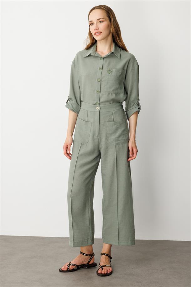 Önden Cep Detaylı Keten Görünüm Pantolon-ÇAĞLA