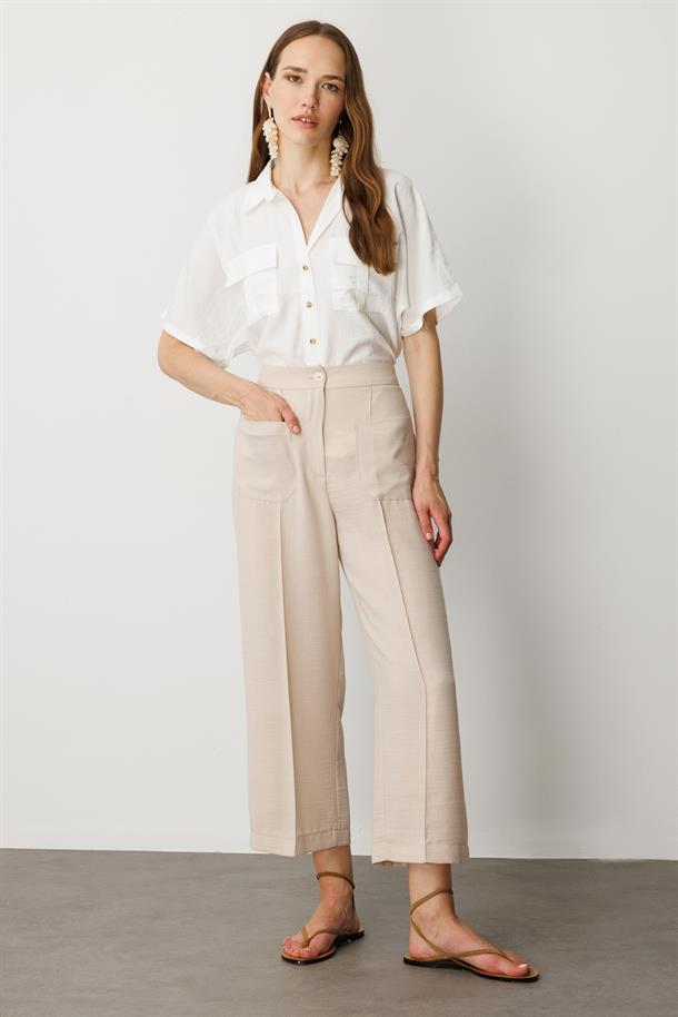 Önden Cep Detaylı Keten Görünüm Pantolon-TAŞ