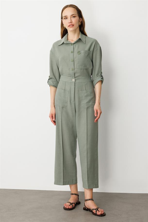 Önden Cep Detaylı Keten Görünüm Pantolon-ÇAĞLA