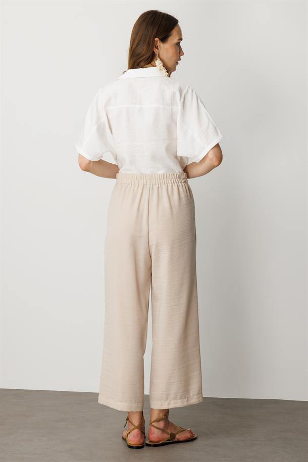 Önden Cep Detaylı Keten Görünüm Pantolon-TAŞ