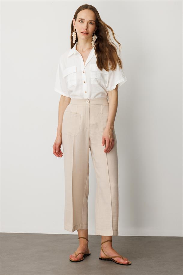 Önden Cep Detaylı Keten Görünüm Pantolon-TAŞ