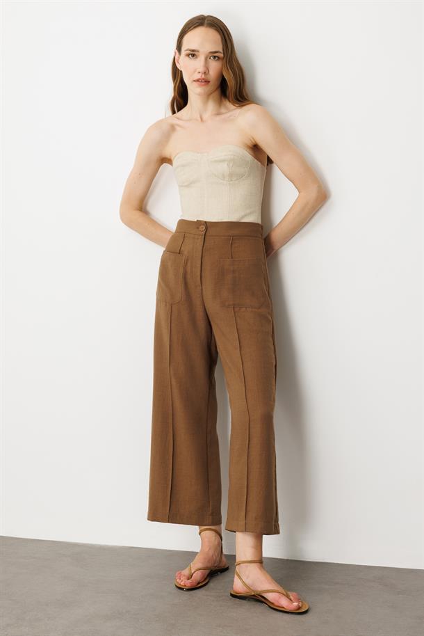 Önden Cep Detaylı Keten Görünüm Pantolon-KAHVE