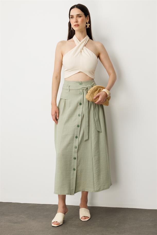 Önden Düğmeli Kemer Detay Etek-SU YEŞİLİ