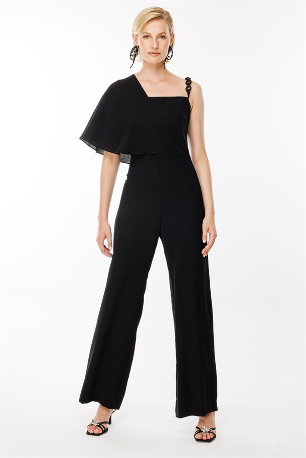 Önü Asimetrik Kesim Tek Omuz Boncuklu Tulum-SİYAH