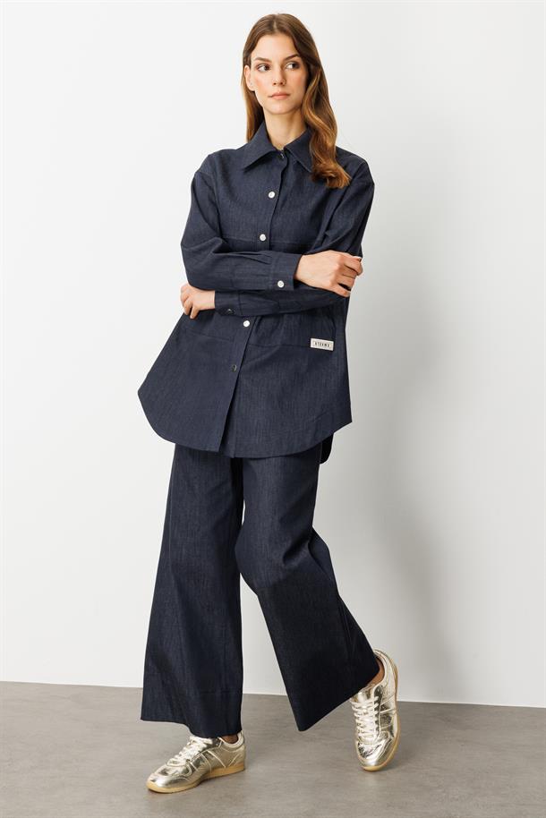 Önü Cep Detay Pamuklu Kot Gömlek-LACI