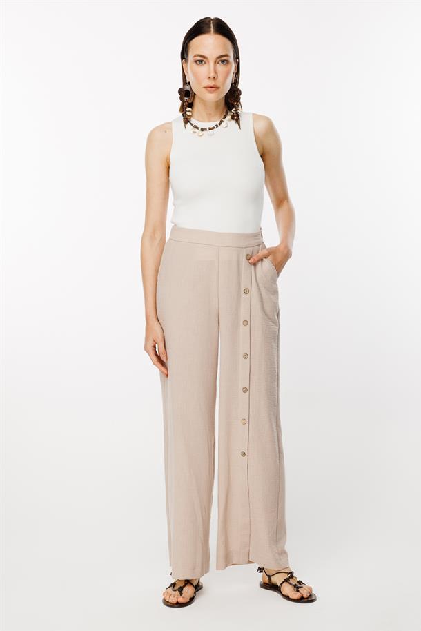 Önü Düğme Detaylı Beli Lastikli Keten Pantolon-TAŞ