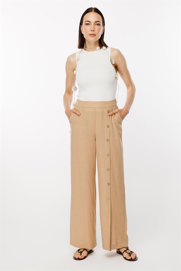 Önü Düğme Detaylı Beli Lastikli Keten Pantolon-CAMEL