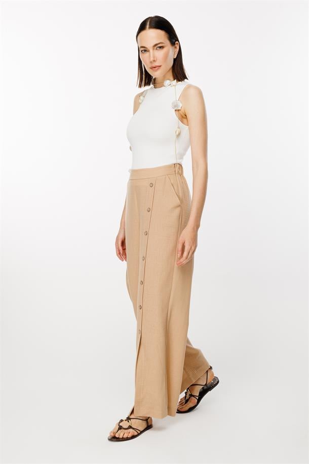 Önü Düğme Detaylı Beli Lastikli Keten Pantolon-CAMEL