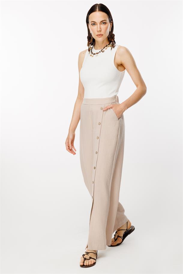 Önü Düğme Detaylı Beli Lastikli Keten Pantolon-TAŞ