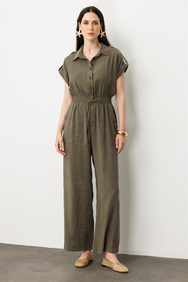 Önü Düğmeli Kısa Kol Tulum-HAKİ