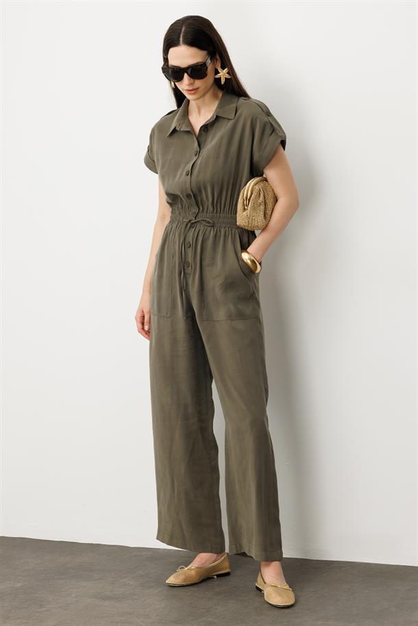 Önü Düğmeli Kısa Kol Tulum-HAKİ