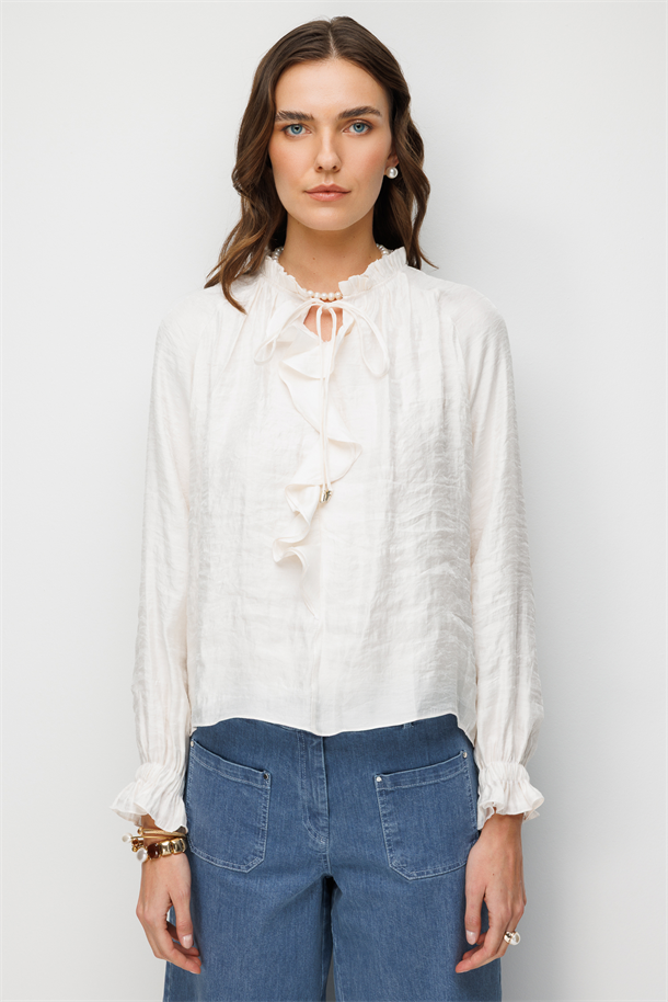 Önü Farbela Detaylı Bluz-EKRU