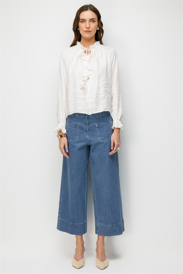 Önü Farbela Detaylı Bluz-EKRU