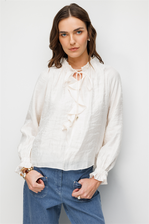 Önü Farbela Detaylı Bluz-EKRU
