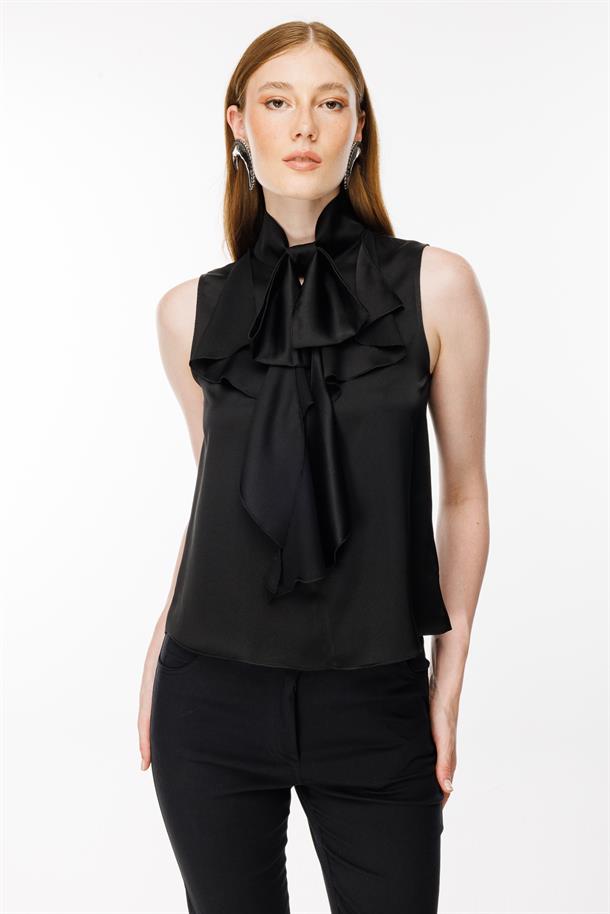 Önü Fular Detaylı Saten Bluz-SİYAH