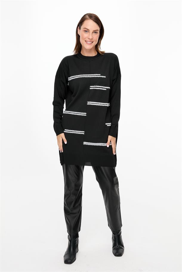 Önü Kombin Çizgili Triko Tunik-SİYAH