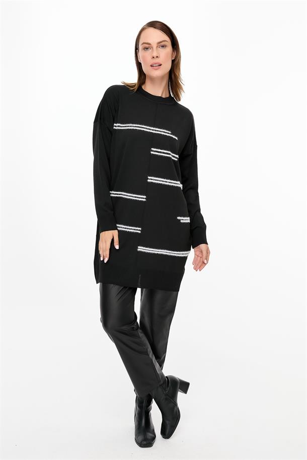 Önü Kombin Çizgili Triko Tunik-SİYAH