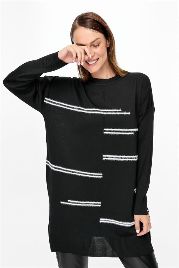 Önü Kombin Çizgili Triko Tunik-SİYAH