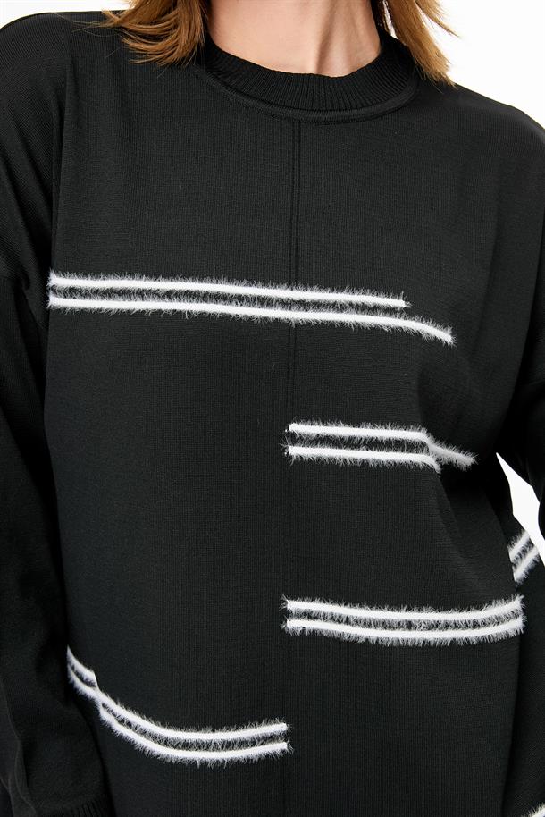 Önü Kombin Çizgili Triko Tunik-SİYAH