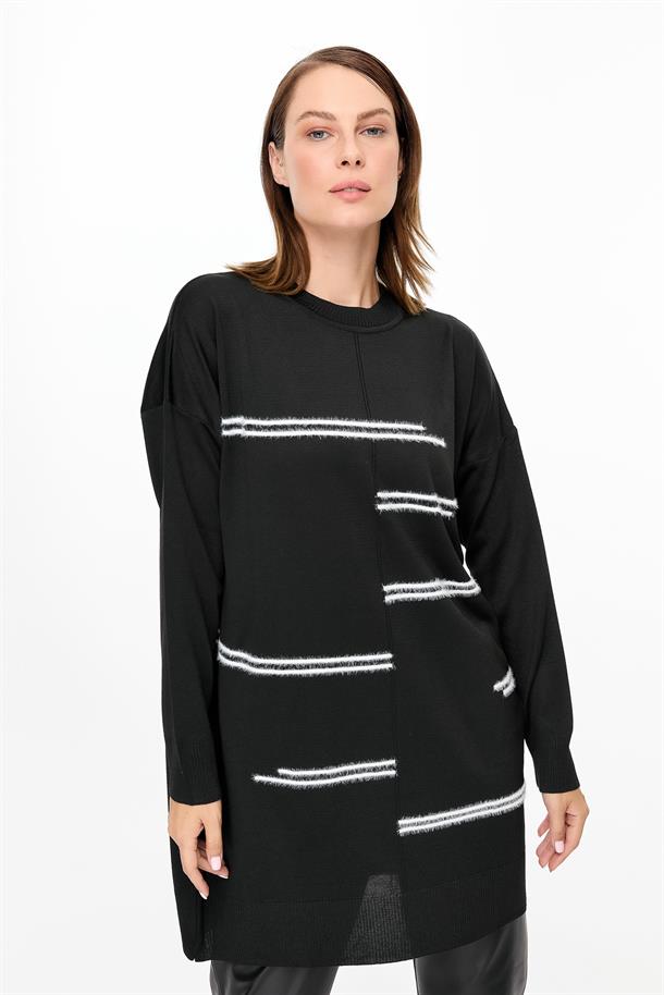 Önü Kombin Çizgili Triko Tunik-SİYAH