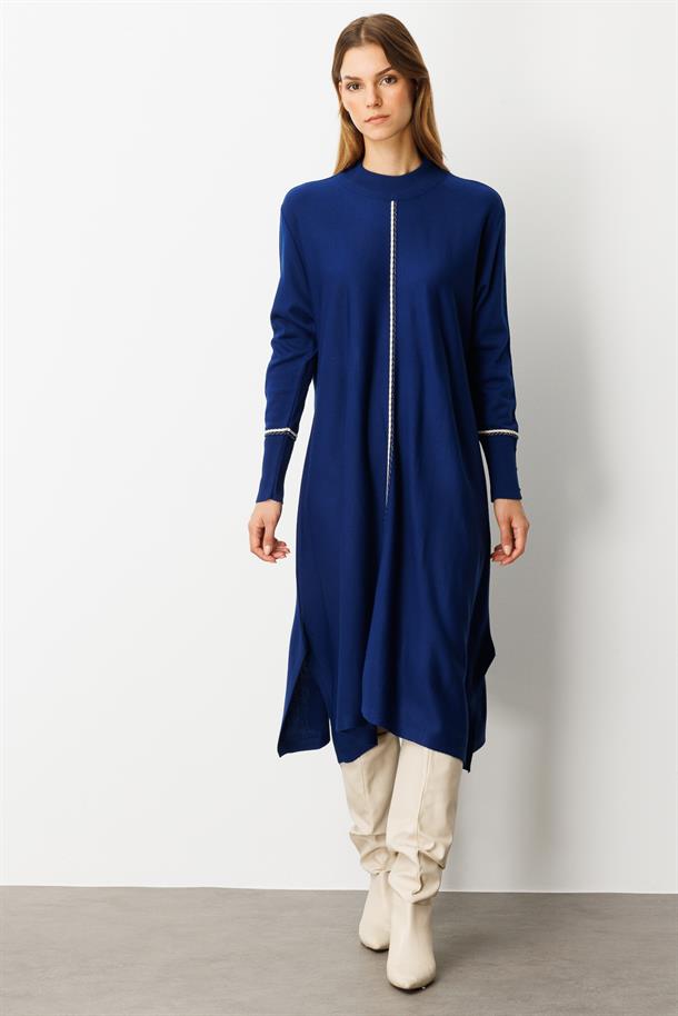 Önü Simli Şerit Detaylı Triko Elbise-SAX