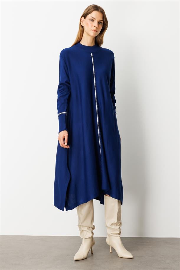 Önü Simli Şerit Detaylı Triko Elbise-SAX