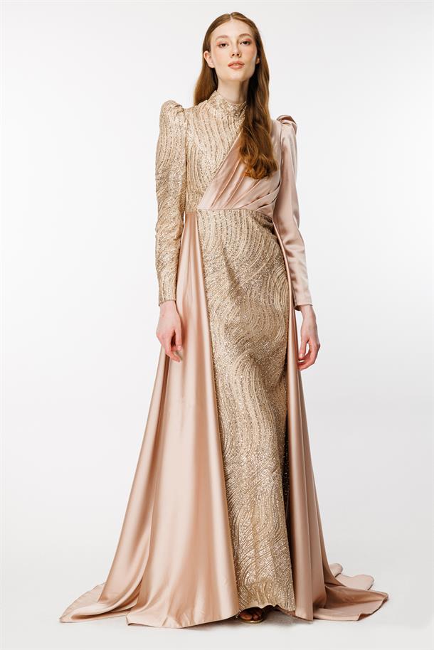 Önü Taş İşlemeli Saten Uzun Abiye-GOLD