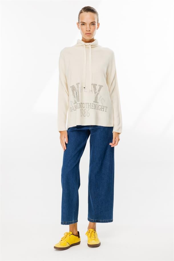 Önü Taşlı Yazı Baskılı Triko Sweat-KEMIK