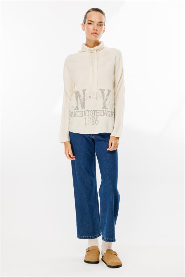 Önü Taşlı Yazı Baskılı Triko Sweat-KEMIK