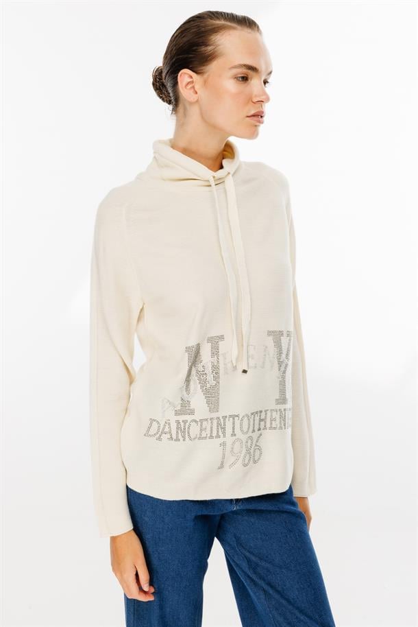 Önü Taşlı Yazı Baskılı Triko Sweat-KEMIK