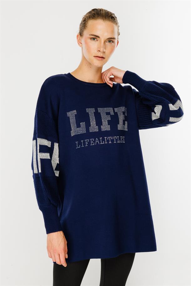 Önü Taşlı Yazılı Triko Tunik-LACI