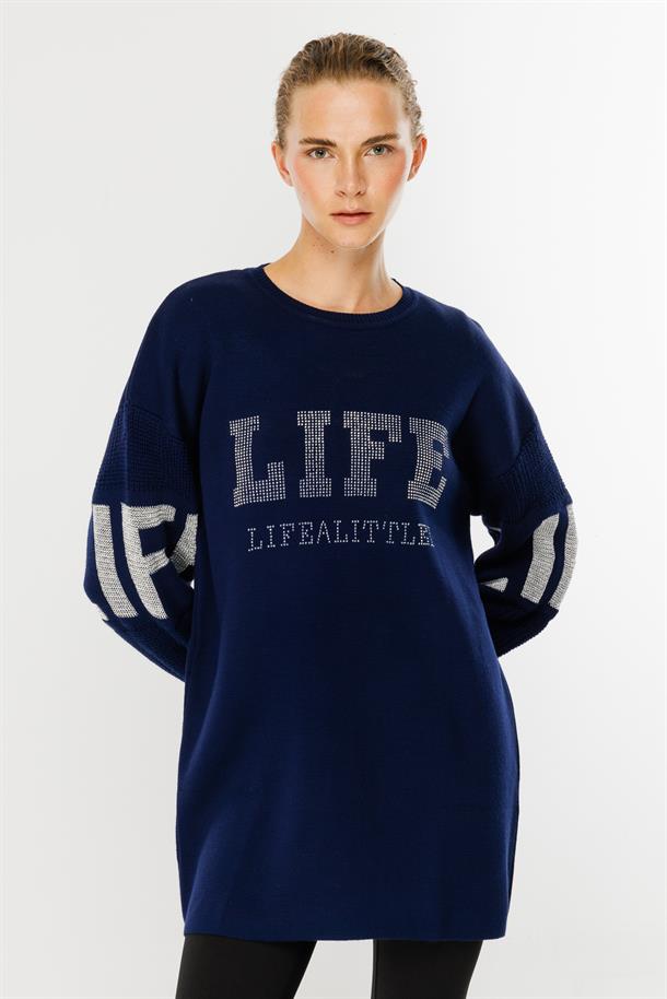 Önü Taşlı Yazılı Triko Tunik-LACI