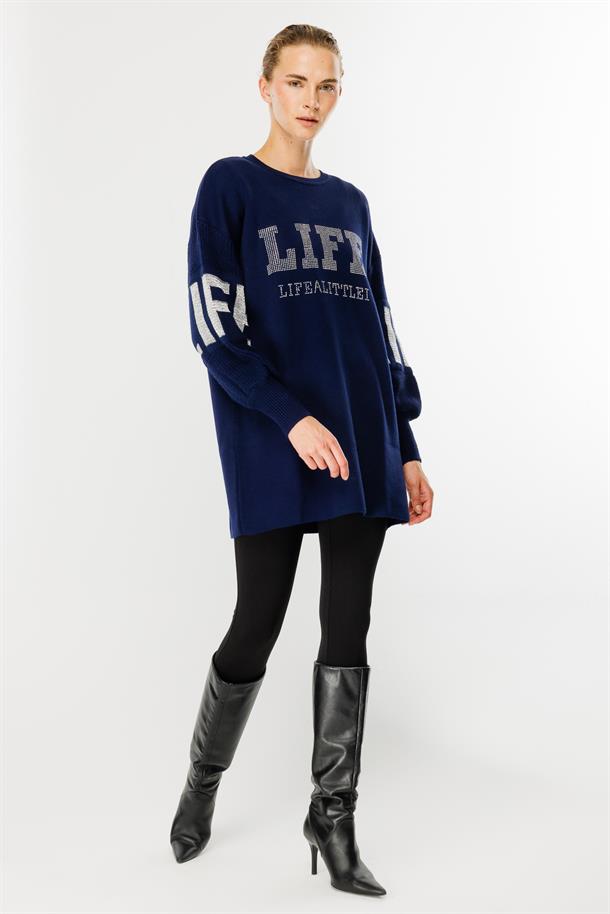 Önü Taşlı Yazılı Triko Tunik-LACI