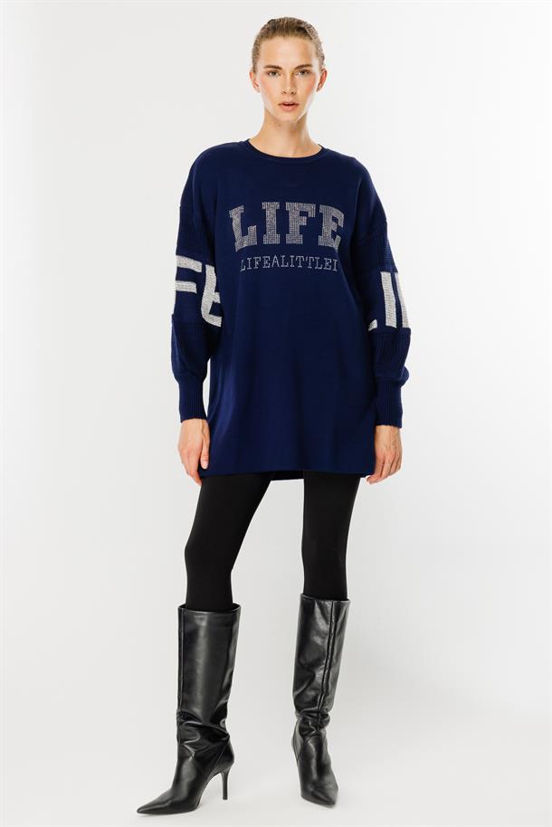 Önü Taşlı Yazılı Triko Tunik-LACI