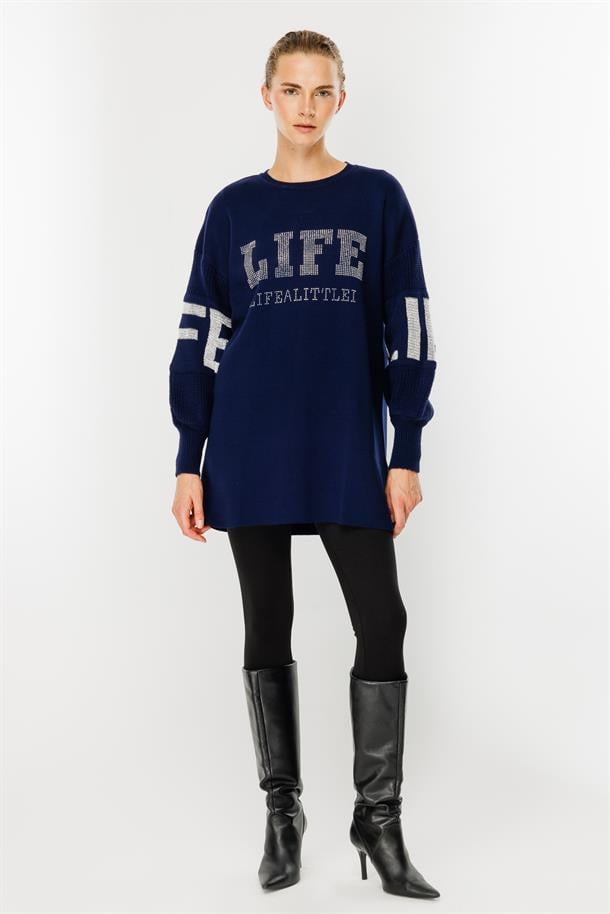 Önü Taşlı Yazılı Triko Tunik-LACI