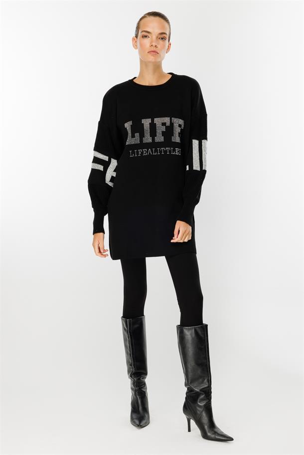 Önü Taşlı Yazılı Triko Tunik-SİYAH